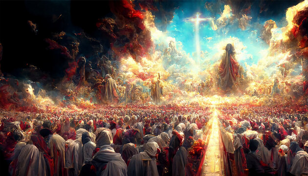 Revelation of Jesus Christ, new testament, religion of christianity, heaven and hell over the crowd of people, Jerusalem of the bible, generative AI