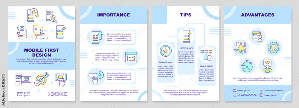 Wall mural Mobile first design process turquoise brochure template. Leaflet design with linear icons. Editable 4 vector layouts for presentation, annual reports. Arial-Black, Myriad Pro-Regular fonts used - Wall murals