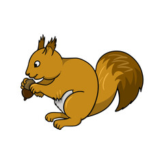 A bright fluffy squirrel sits and nibbles a nut, vector cartoon