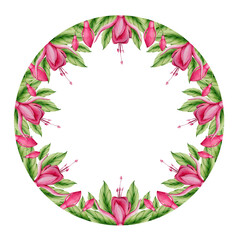 Pink Watercolor Fuchsia Flower Illustration. Exotic Watercolour Floral Clpart. Tropical Flowers Frame. Summer Floral Wreath isolated on white background. Perfect for wedding designs, greeting cards