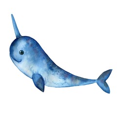 Marine animal, cute blue narwhal, watercolor painting