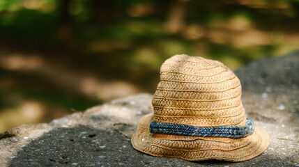 Straw hat on natural background. Copy space