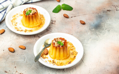 panna cota with caramel. Creme Caramel Dessert on a light background. banner, menu, recipe place for text, top view