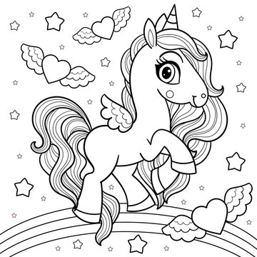 Beautiful unicorn on the rainbow. Black and white linear image. For children's design of coloring books, prints, posters, stickers, cards, tattoos and so on. Vector
