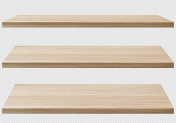 Wood tabletop sheets realistic png set, perspective view isolated on transparent background. Vector illustration of natural material for furniture production. Light brown surface of shelf or desk