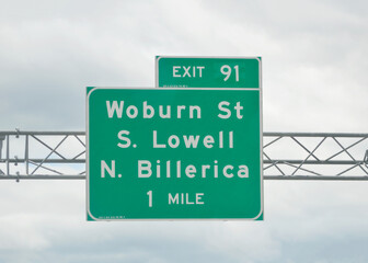 Highway Signage for Woburn St, South Lowell, and North Billerica - June 18, 2022, Massachusetts, United States