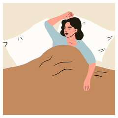 Female hands and head sticking out from under the blanket. Person sleeping under soft cozy blanket. Hand drawn Vector illustration