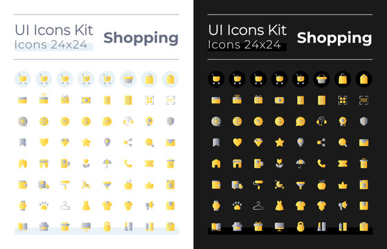Shopping flat gradient color ui icons set for dark, light mode. Digital commerce. Online store. Vector isolated RGB pictograms. GUI, UX design for web, mobile. Montserrat Bold, Light fonts used