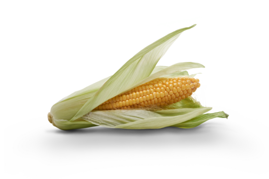 Golden ripe open corn on the cob, sweetcorn, corncob, isolated against a flat background.