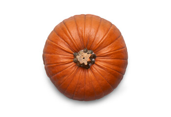 A top view of a ripe orange pumpkin isolated on a flat background. - obrazy, fototapety, plakaty