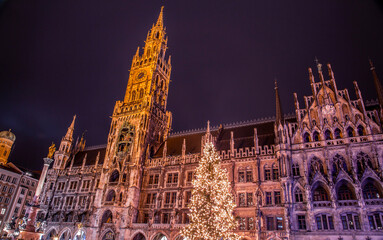 Night view from Marienplatz illuminated with christmas lights during Christmas 2021