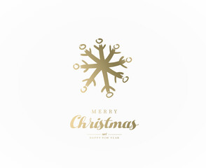 Golden Merry Christmas vector illustration with many snowflakes on white background.