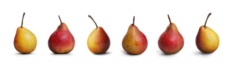 A fruit collection of ripe juicy golden and red pears isolated against a transparent background.