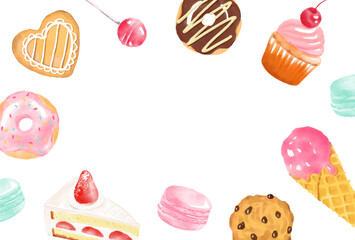 vector background with a set of sweet desserts in watercolor for banners, cards, flyers, social media wallpapers, etc.
