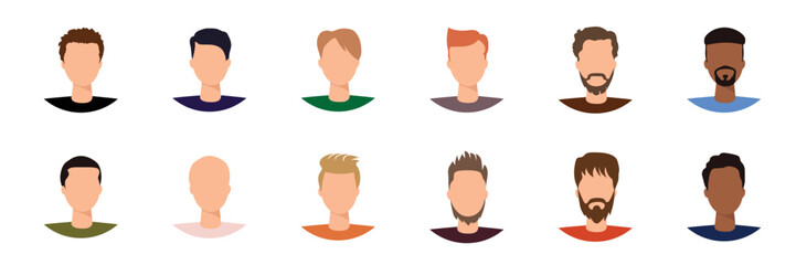 Set of men, avatars, people heads of different ethnicity and age in flat style. Multi nationality social networks people faces collection.