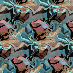 Abstract liquid seamless pattern. Psychedelis fluid shapes of teal, pink, beige, blue on black background. Colorful textured surface for textile, paper, web design