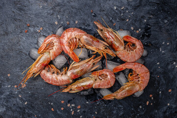 shrimps. wild ocean jumbo shrimps with ice and lemon, seafood shrimps prawns on ice frozen. Long...