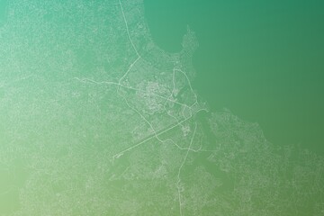 Map of the streets of Dar Es Salaam (Tanzania) made with white lines on yellowish green gradient background. Top view. 3d render, illustration