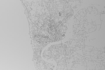 Map of the streets of Chittagong (Bangladesh) made with black lines on grey paper. Top view. 3d render, illustration