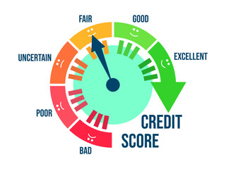 Fair credit score. Credit rating indicator in the form of an arrow of direction from bad to excellent. Credit score gauge isolated on white. Design for apps and websites. Vector illustration