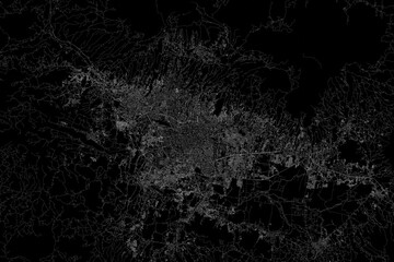Stylized map of the streets of Bandung (Indonesia) made with white lines on black background. Top view. 3d render, illustration