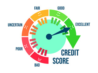 Excellent credit score. Credit rating indicator in the form of an arrow of direction from bad to excellent. Credit score gauge isolated on white. Design for apps and websites. Vector illustration