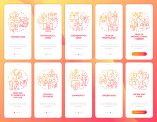 Crisis management red gradient onboarding mobile app screen set. Risks types walkthrough 5 steps graphic instructions with linear concepts. UI, UX, GUI template. Myriad Pro-Bold, Regular fonts used