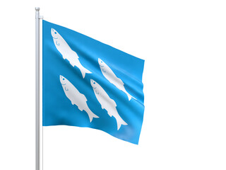 Austevoll (municipality in Norway) flag waving on white background, close up, isolated. 3D render
