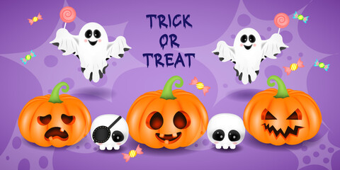 Halloween 3D ghost, pumpkin and skull with cute face and candy, vector illustration