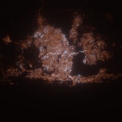 Lagos (Nigeria) street lights map. Satellite view on modern city at night. Imitation of aerial view on roads network. 3d render