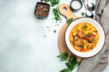 vegetable soup with stewed vegetables and meat, banner, menu, recipe place for text, top view