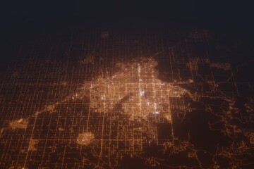 Fototapeta premium Aerial shot on Fresno (California, USA) at night, view from east. Imitation of satellite view on modern city with street lights and glow effect. 3d render