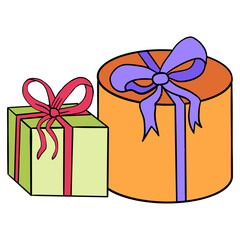 Hand drawn illustration of present gift box for christmas, brithday, valentine day holidays. Sale packages with bown ribbon, festive greeting event celebration shopping.