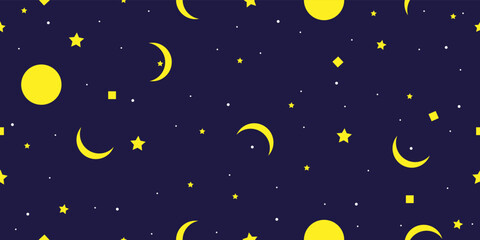Obraz na płótnie Canvas Seamless pattern of starry sky and yellow moon on blue background. Vector flat illustration