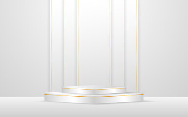 White podium with elegant gold lines on the back for product presentation. Cosmetic product display. vector illustration
