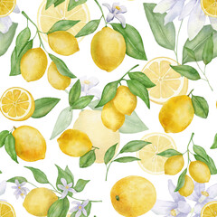 Lemon fruits with leaves and flower watercolor seamless pattern.