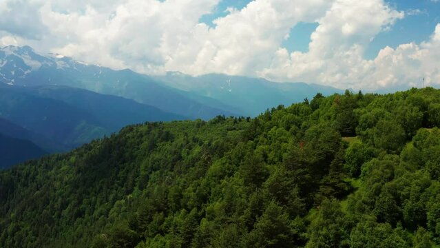 Aerial view of forests and nature in north Georgia caucasus mountains. Travel in Svaneti