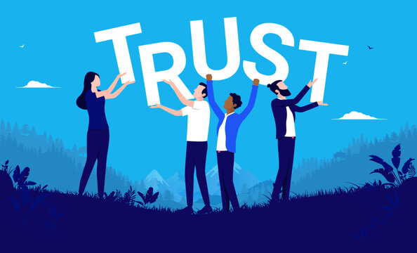 Business Value Trust - Business People Holding Letters Over Head Spelling Word. Flat Design Vector Illustration With Blue Background