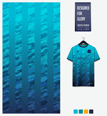 Soccer jersey pattern design. Camouflage pattern on blue background for soccer kit, football kit, sports uniform. T-shirt mockup template. Fabric pattern. Abstract background. 