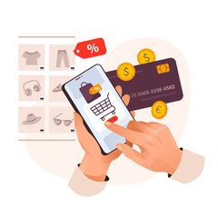 Online shopping, payment, bonuses and cashback. Online store in the phone. Shopping online using a mobile app on a smartphone. Vector illustration.

