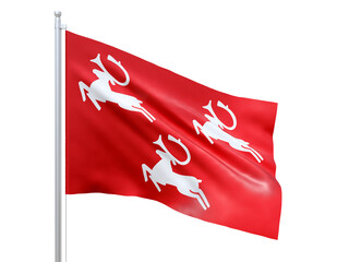 Porsanger (municipality in Norway) flag waving on white background, close up, isolated. 3D render