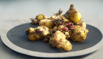 3D Illustration of Jerusalem artichoke on the white plate with brown color