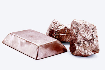 copper ore ingot and copper nuggets, real photo, isolated white background, metallurgy industry,...