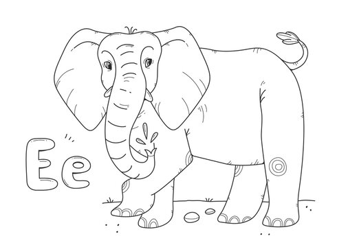 Elephant coloring book with English large and small letters E. Children's coloring page alphabet. Linear illustration with an animal.