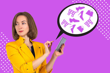 Shopping online. Woman makes purchases in an online store. Shop in an electronic gadget. Collage on a lilac background. Girl with a tablet and shopping shortcuts. Bright collage in a magazine style.