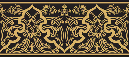 Vector seamless golden oriental ornament. Endless Arabic patterned border, frame. Persian painting..