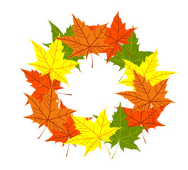 Fototapeta premium Autumn colorful Fallen leaves round frame isolated on white background. Bright yellow orange green red acer leaf. Vector illustration. Fall season. Circle border. Design element. Flyer. Poster. Card