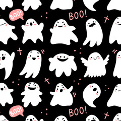 Pattern with cute ghosts and lettering in cute cartoon doodle style on a black background. Illustration background for halloween.