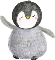 Cute watercolor baby emperor penguin dancing. Hand painted winter time illustration. Perfect for your Christmas and New Year