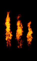 Set of three fire samples isolated on black, flame collection